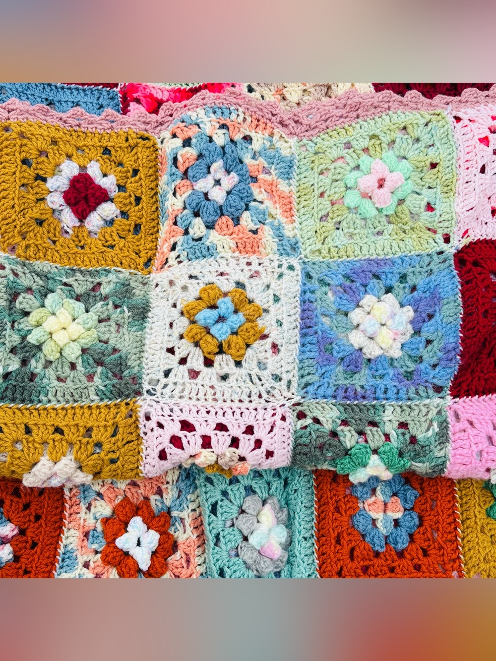Vintage Granny Square Crochet Afghan Throw Blanket Handmade Boho Cottagecore - Picture 9 of 16
